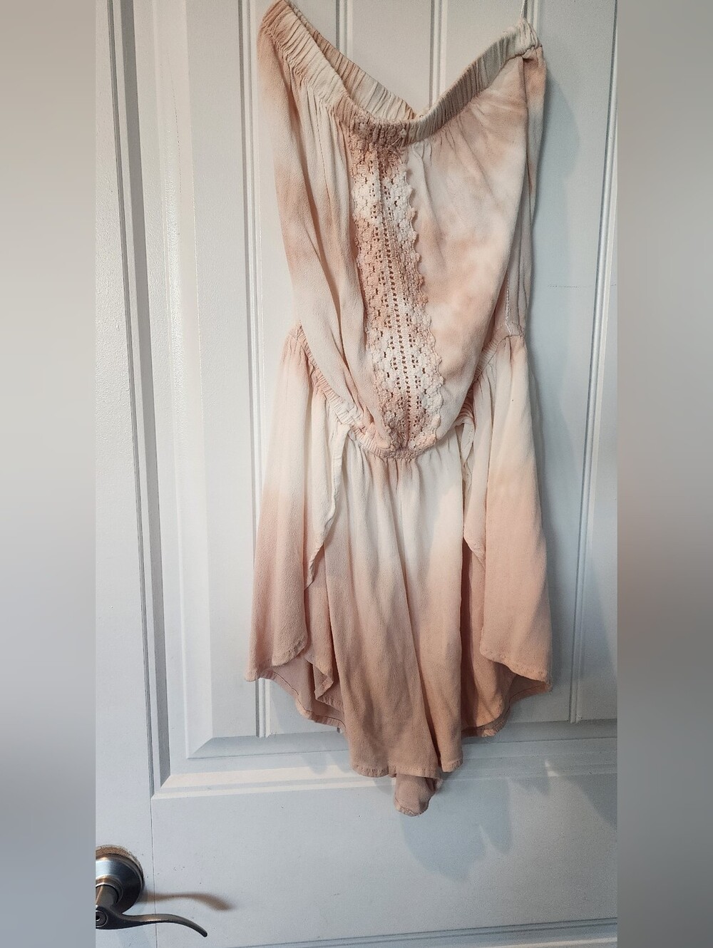 Ocean Drive Peach and Cream Boho Lace-Trimmed Romper
